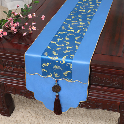 新中式古典玉桌旗茶几长条布艺中国风桌布床柜旗电视柜盖布 如意百福 34*180适合桌长120-130CM