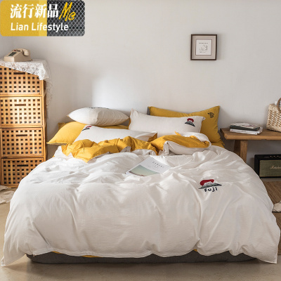 ins风清新棉刺绣水洗棉四件套 卡通简约单双人绣花被套床上用品 三维工匠