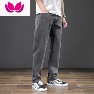 七斓男士春季裤子休闲复古韩版潮流灰色阔腿宽松直筒裤加绒黑色牛仔裤
