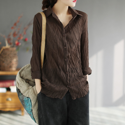 语娄2020春季新款文艺复古宽松大码长袖衬衫百搭棉麻褶皱印花女士衬衣2021大码女装