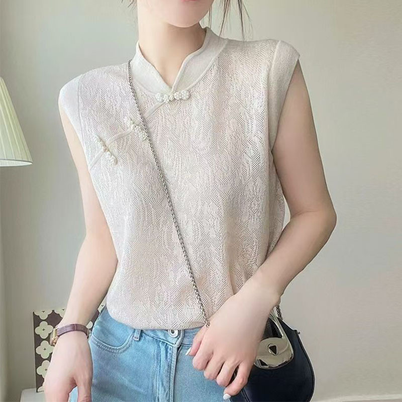 时尚潮流盘扣短袖2025夏季新款镂空中国风针织杉薄款冰丝T恤