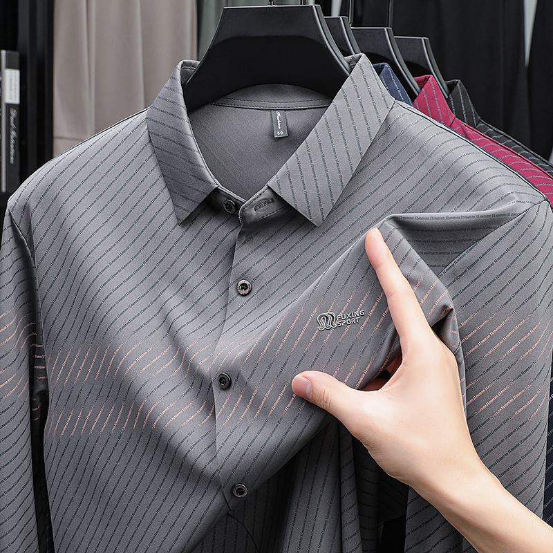 新款秋季印花男士衬衫商务休闲条纹翻领衬衣爸爸装上衣休闲