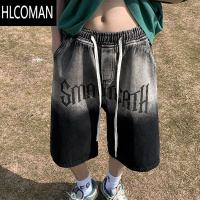 HLCOMAN渐变牛仔短裤男夏季抽绳水洗美式vibe高街过膝休闲五分裤子做旧