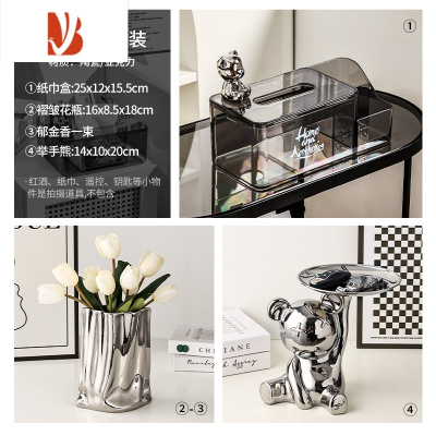 三维工匠桌面纸巾抽纸盒家用客厅餐巾茶几遥控器多收纳ins创意装饰品 轻奢三件套-7