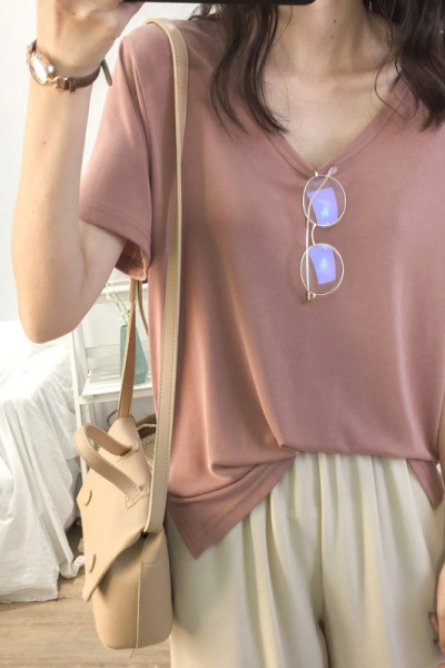 夏季韩版新款短袖T恤女纯色V领打底衫学生上衣服韩国女装