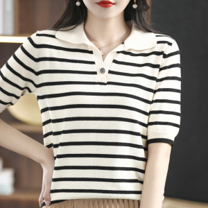 polo衫短袖T恤女夏季年新款100棉线针织薄款设计感小众上衣