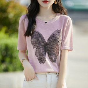 竹节麻短袖T恤女2026新款夏季宽松百搭蝴蝶提花烫钻圆领薄款短袖