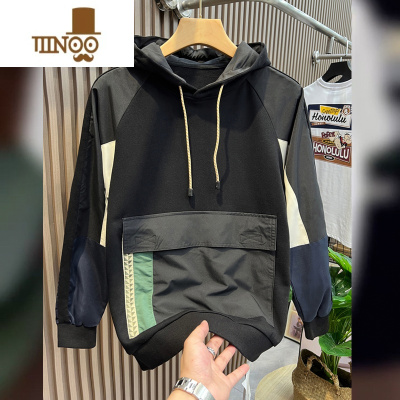 YANXU潮牌休闲连帽工装卫衣男款韩版潮流时尚拼色口袋宽松套头上衣
