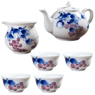 景德镇手绘紫气东来陶瓷茶具套装青花瓷手绘陶瓷茶杯品茗杯茶壶公道杯8件礼盒包装