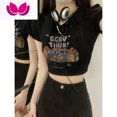 七斓紧身露脐短袖T恤2023年新款韩版修身显瘦辣妹短款印花上衣女