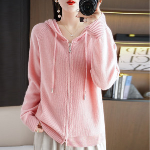 秋冬连帽双拉链针织开衫外套女纯色毛衣休闲百搭卫衣帽衫