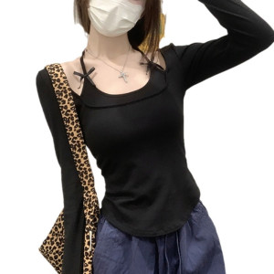 粉色挂脖假两件长袖T恤女春秋季新款内搭辣妹蝴蝶结打底衫上衣潮