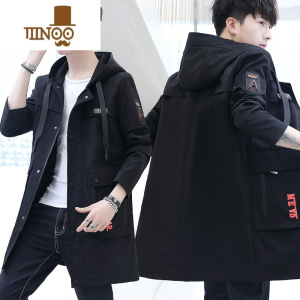 YANXU风衣男韩版潮流中长款连帽男士外套大学生休闲潮牌工装夹克