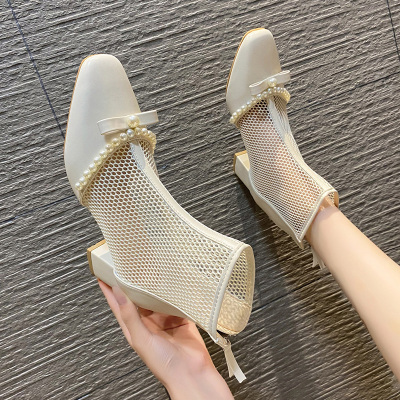 Ideamini马丁靴女夏季薄款透气2021年新款珍珠网纱镂空网靴瘦瘦鞋高跟短靴