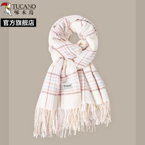 啄木鸟2024冬新款格子围巾女高级感情侣百搭加厚韩版米白色围脖男