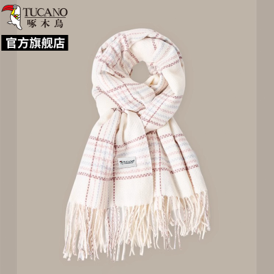 啄木鸟2024冬新款格子围巾女高级感情侣百搭加厚韩版米白色围脖男