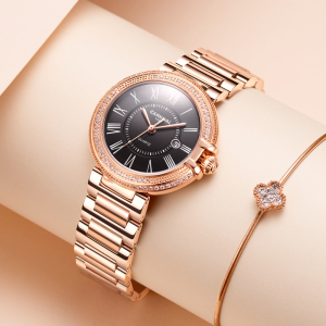 嘉年华Carnival新款瑞士品牌手表女士潮流石英表 女表简约防水正品真皮时尚气质女腕表罗马刻度带日历8871