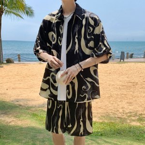 套装男新款美式潮牌休闲运动套装男翻领短袖宽松衬衣夏威夷两件套