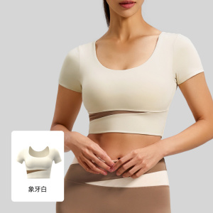 拼色瑜伽服女修身显瘦运动瑜伽短袖带胸垫健身服