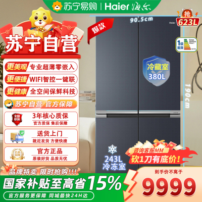 海尔 BCD-623WLHTD2BGWU1 十字对开门冰箱 623升 1级能效 钢化玻璃面板 变频速冷速冻 自动除霜