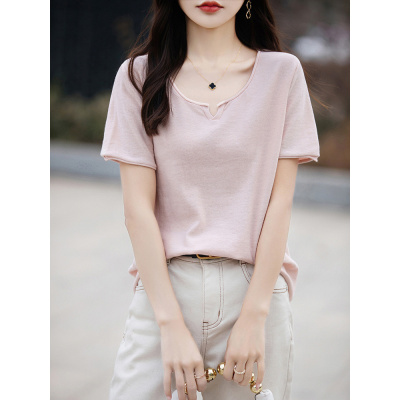 夏季新款棉线针织短袖女V领开口卷边T恤衫百搭宽松显瘦全棉上衣