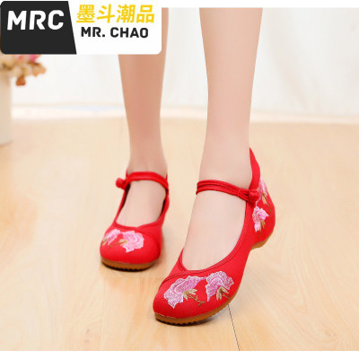 新款女布鞋软底布鞋绣花鞋民族风坡跟增高舒适单鞋子墨斗潮品休闲鞋