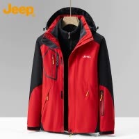Jeep吉普红色连帽夹克男士2054年春秋季三合一抓绒上衣冲锋外套男