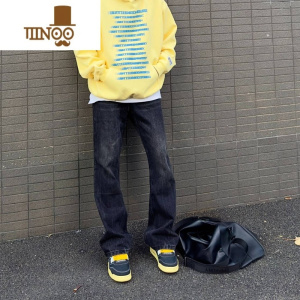 YANXU高街水洗黑灰做旧破坏牛仔裤男美式小众设计感微喇直筒长裤ins潮