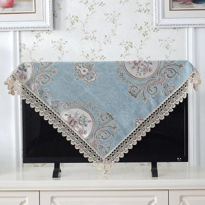 欧式电视机盖布罩套曲面屏防尘罩方巾布艺蕾丝长方形客厅 清歌蓝色小花边 150*150(75-85寸电视机可用)方桌也可用