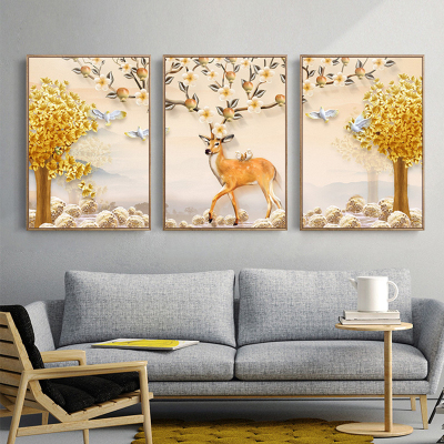 舒厅客厅装饰画北欧发财鹿三联画卧室玄关现代简约床头壁画沙发背景墙挂画酒店壁画发财鹿款I-原木框连框60*80cm