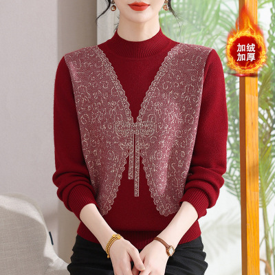 年冬季妈妈装上衣40-60岁中老年人保暖针织上衣时尚中领毛衣