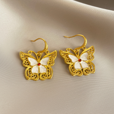 中古vintage金色蝴蝶耳钉轻奢小众耳环2025新款高级感耳饰女送女朋友老婆情人节七夕生日礼物