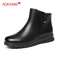 奥康棉鞋女冬季加绒保暖棉皮鞋休闲短靴女中年妈妈皮鞋