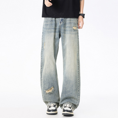 泥染 distressed 牛仔裤男 美式复古破洞阔腿裤 高街做旧拖地裤