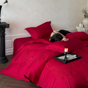 结婚纯棉四件套婚庆大红色被套床单床笠新婚婚嫁床上用品