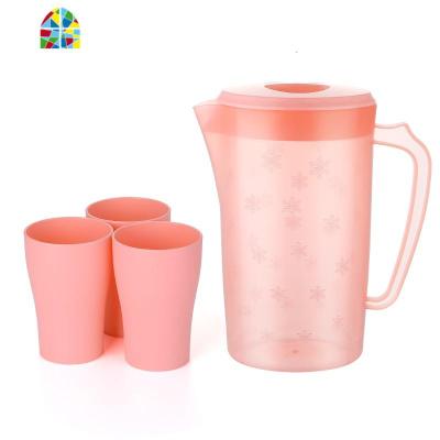 耐热高温冷水壶大容量塑料凉水壶豆浆果汁花茶壶水杯带茶隔 FENGHOU 粉红色壶+3杯子