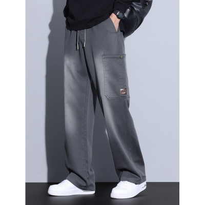 天丝牛仔裤男秋季新款松紧腰渐变直筒宽松美式潮牌休闲长裤子