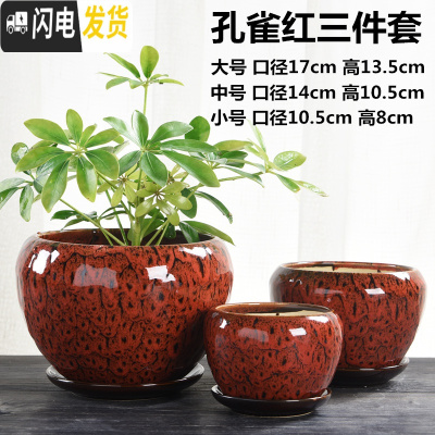 三维工匠花盆陶瓷大号中国风家用带托盘简约创意绿萝个性多肉花盆 苹果孔雀-红三件套 大花盆容器