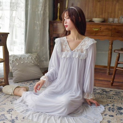 HLCOMAN宫廷公主风睡裙女长款甜美蕾丝棉莫代尔网纱睡衣春秋长袖家居服睡裙