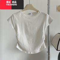 YIBUSHENG韩系chic小众t恤别致短袖2024季新款女装抽褶百搭圆领套头上衣