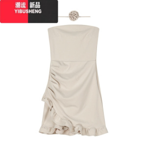 YIBUSHENG一字肩抹胸连衣裙女季气质花朵纯欲收腰荷叶边裙子性感包臀短裙