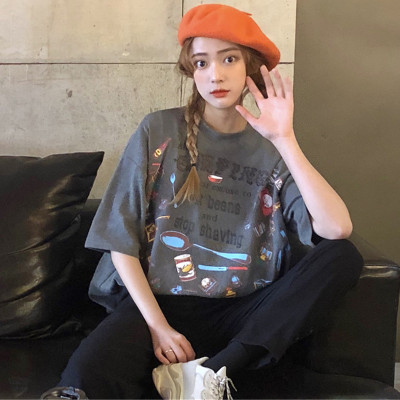 枫述网红超火cec短袖t恤女宽松ins原宿bf怪味嘻哈丧系慵懒风上衣服潮9