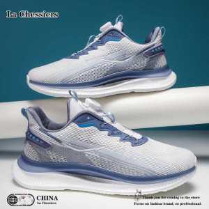 La Chessiers户外跑步鞋免系带男鞋大码新款飞织透气旋钮扣运动休闲轻便48休闲运动鞋 白兰 41码