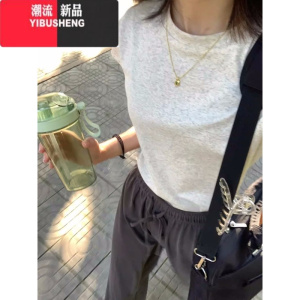 YIBUSHENG日多巴胺穿搭正肩紫色t恤女短袖季小衫设计感小众修身短上衣