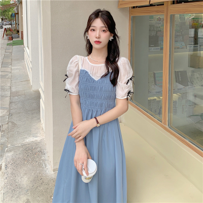 班俏BANQIAO假两件圆领蝴蝶结泡泡袖松紧打褶连衣裙女2021夏新款气质甜美长裙