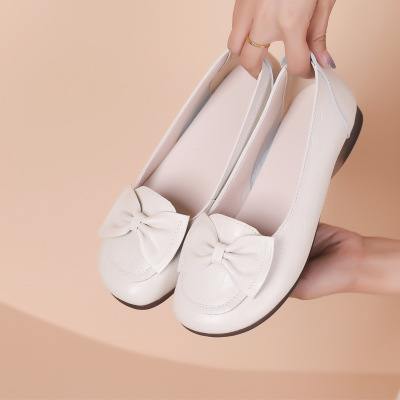真皮手工女鞋平底软底蝴蝶结牛皮浅口豆豆鞋女四季单鞋25秋妈妈鞋