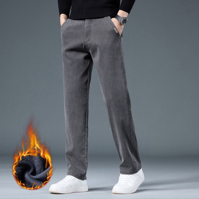 秋冬季新款加绒保暖男长裤休闲裤宽松直筒裤百搭弹力男裤商务
