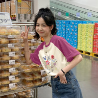[2.5折价57元]唐狮女圆领插肩袖前胸彩色图案短袖T恤百搭显瘦学院风减龄潮