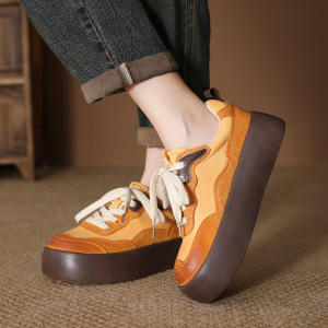 真皮女鞋秋冬新款韩版潮流休闲百搭拼色高帮鞋系带厚底单鞋