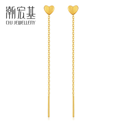 潮宏基心翼足金耳钉黄金耳线爱心耳饰女送女友计价工费90元MQ